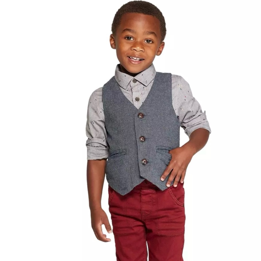 Kids, dressy pants, suspenders, and white top and a fedora hat too
